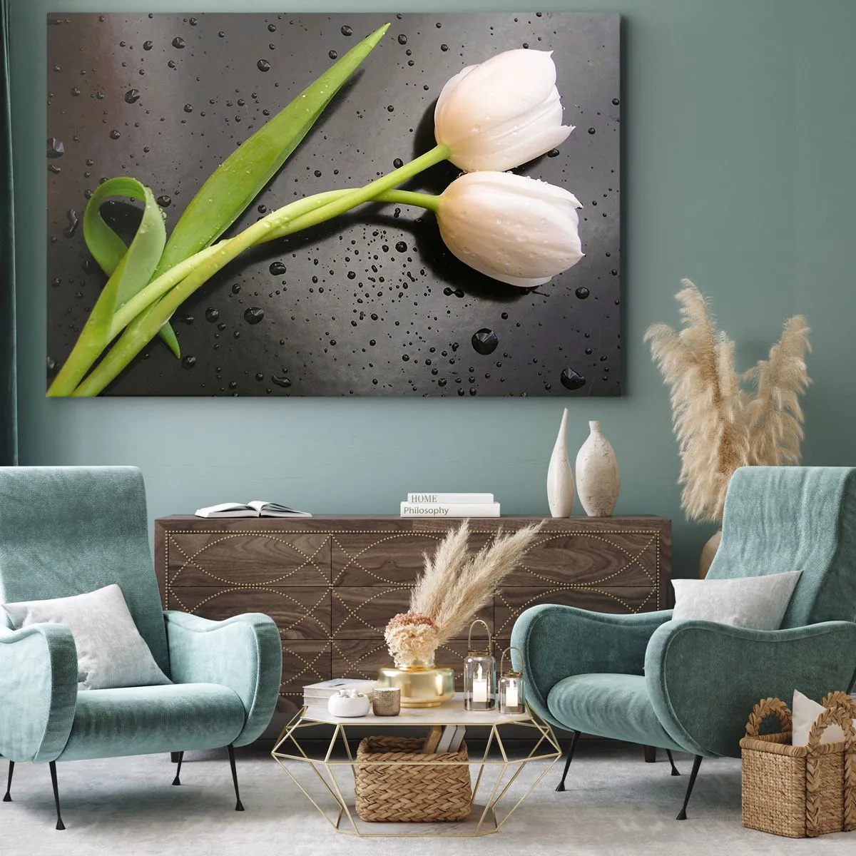 Tablou pe pânză Canvas - Lalele albe pe fundal negru cu picături de apă - 70x50cm - Țesătură de primăvară - Decorațiune modernă pentru perete pentru living și dormitor ARTTOR