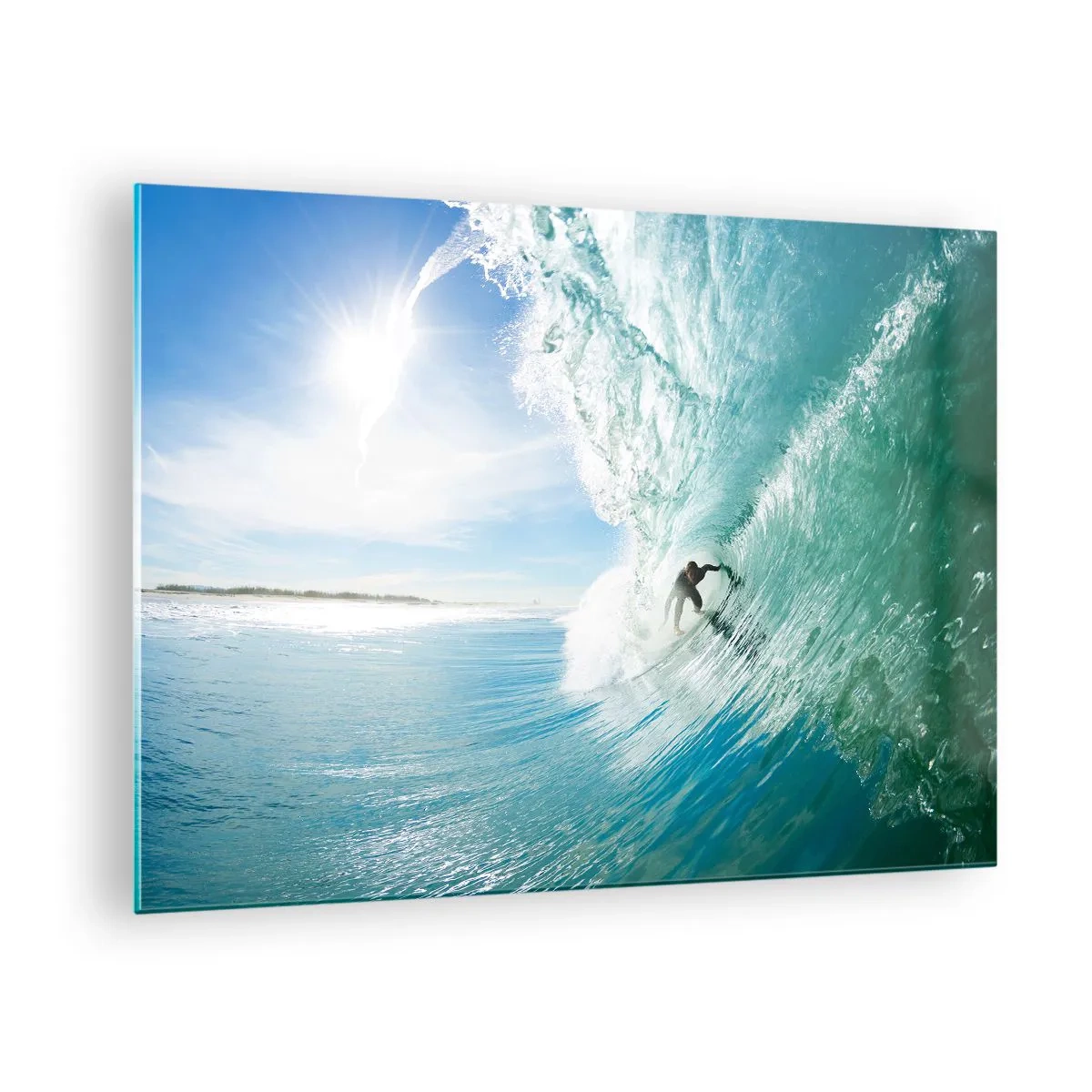 Tablou pe sticlă - Un surfer călărind un val pe un cer albastru - 70x50cm - Întotdeauna pe val - Decorațiune modernă pentru perete pentru living și dormitor ARTTOR