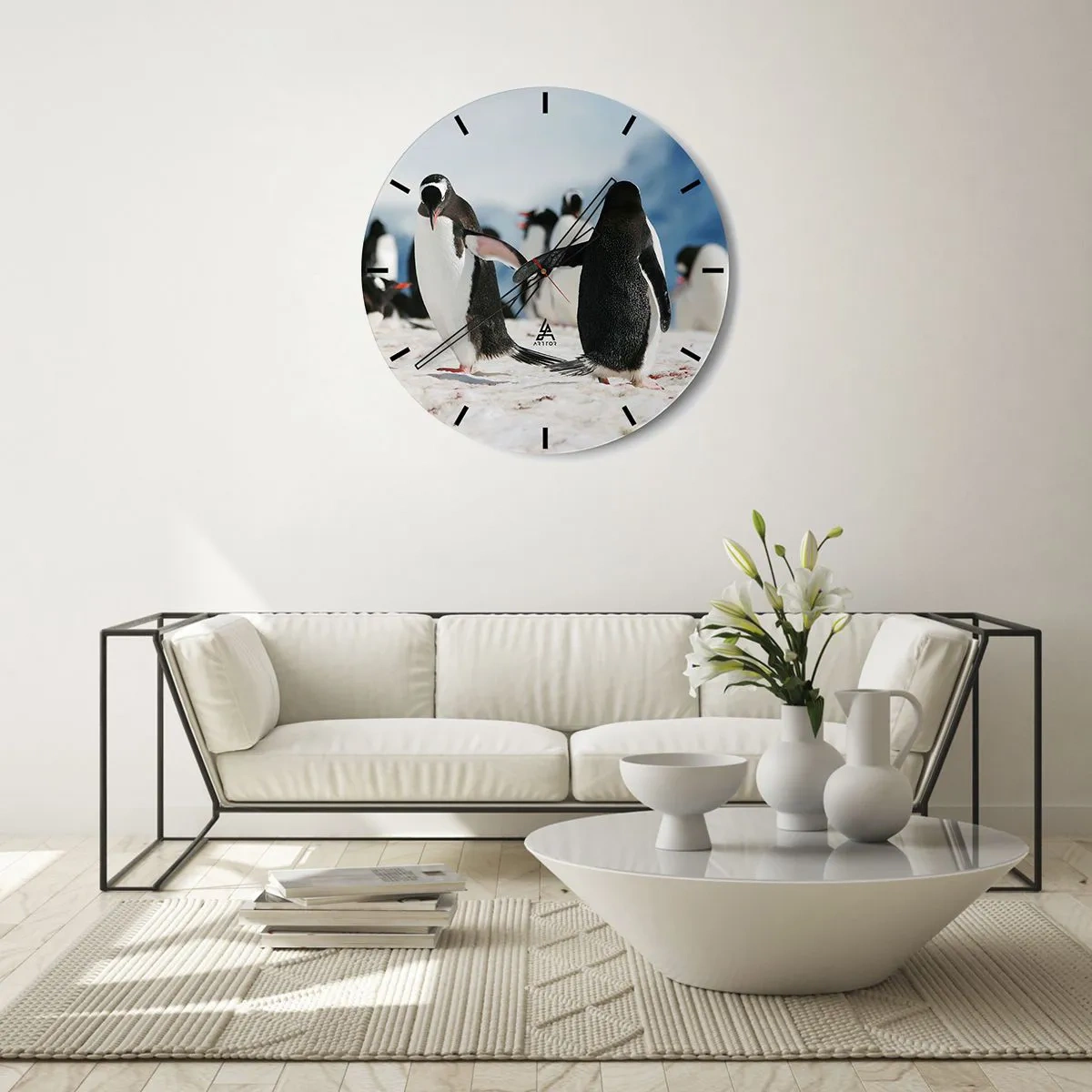 Ceas de perete - Ceas pe sticlă - Pinguini în zăpadă într-un peisaj arctic - 30x30cm - Dansul în zăpadă - Decorațiune modernă pentru perete pentru living, bucătărie și dormitor ARTTOR