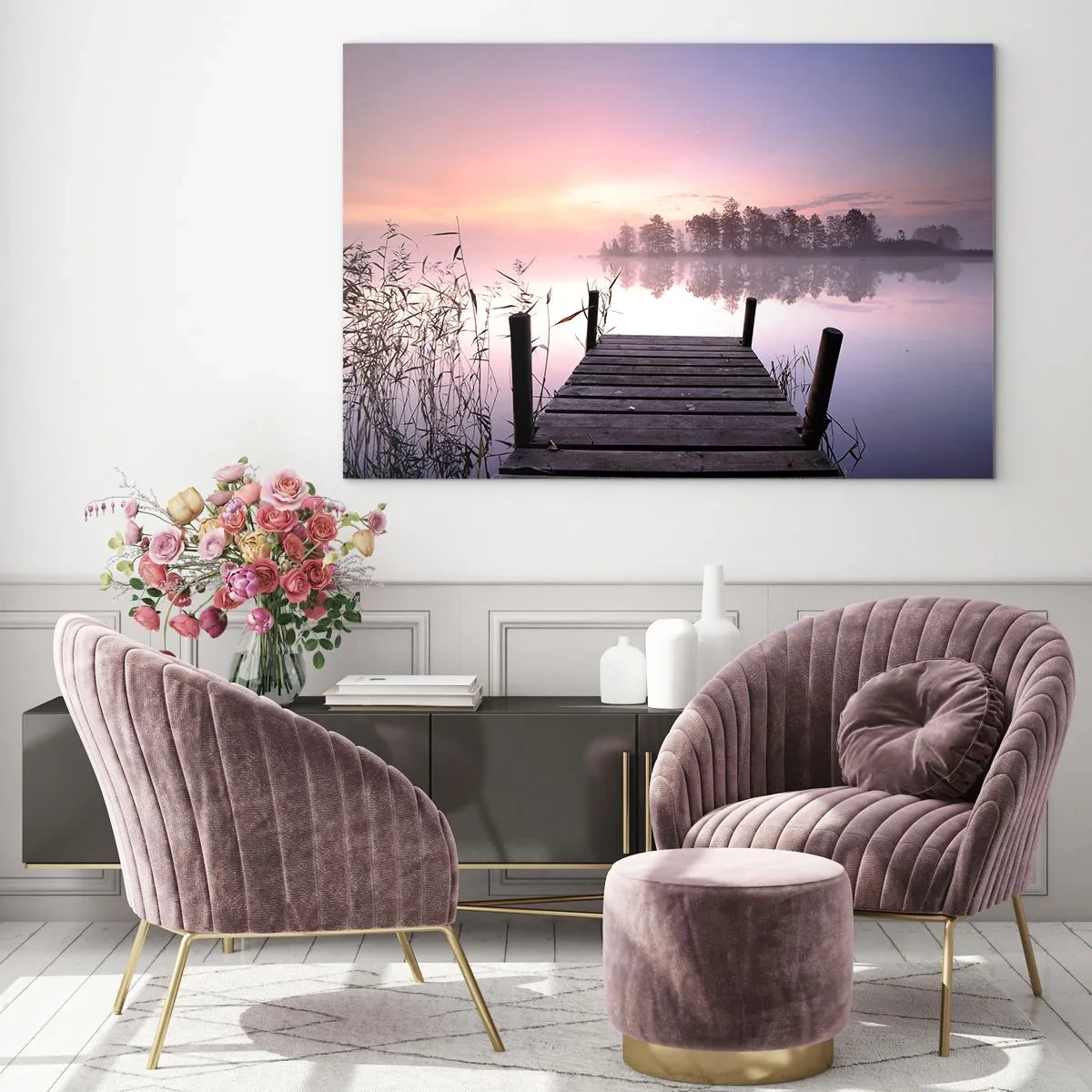Tablou pe sticlă - Un dig la răsăritul soarelui peste un lac liniștit - 70x50cm - Din ceața de liliac... - Decorațiune modernă pentru perete pentru living și dormitor ARTTOR