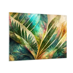 Tablou pe sticlă - Frunze colorate cu o notă tropicală - 70x50cm - Culorile tropicelor - Decorațiune modernă pentru perete pentru living și dormitor ARTTOR