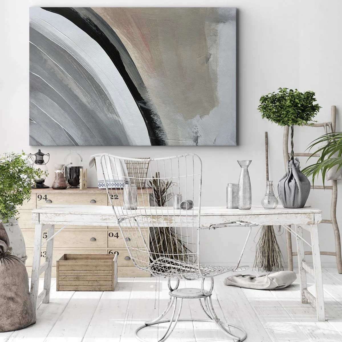 Tablou pe pânză Canvas - Arc abstract în nuanțe de negru, gri și bej - 70x50cm - Compoziție: arc de negru și gri - Decorațiune modernă pentru perete pentru living și dormitor ARTTOR