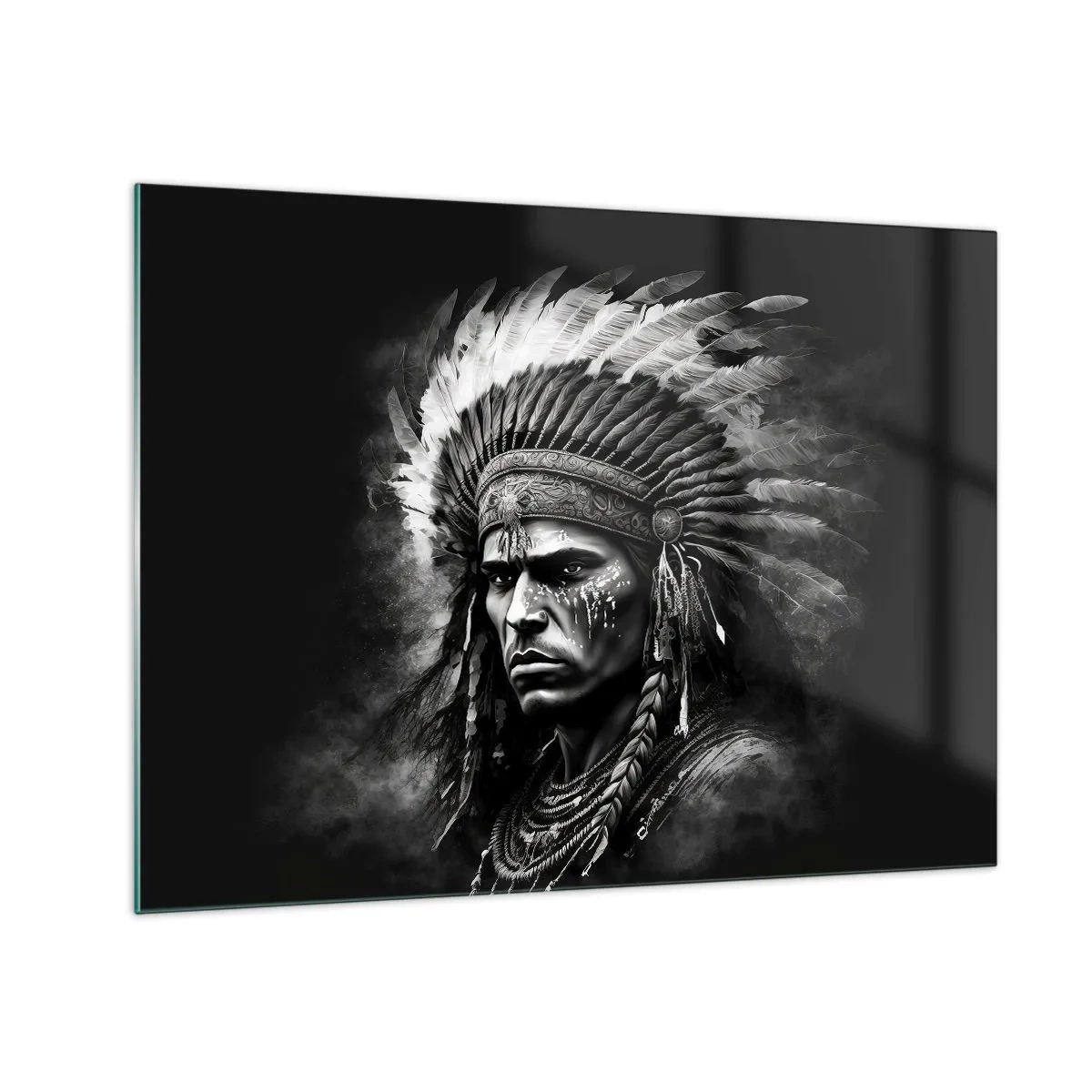 Tablou pe sticlă - Portret alb-negru al unui războinic cu o coafură cu pene - 70x50cm - Conducător și luptător - Decorațiune modernă pentru perete pentru living și dormitor ARTTOR