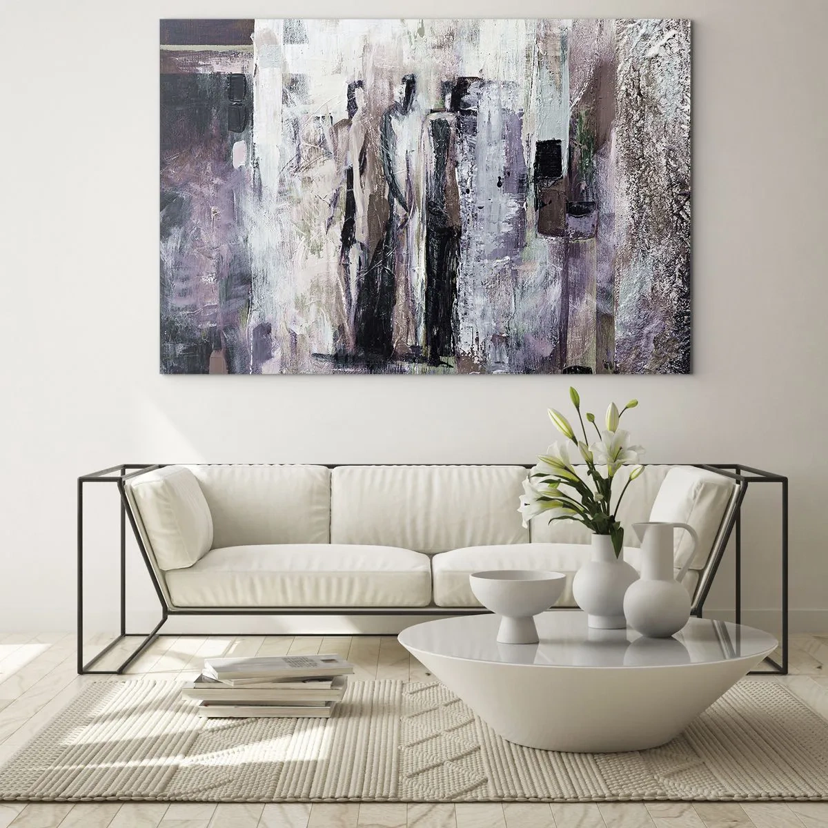 Tablou pe sticlă - Siluete abstracte de figuri pe un fundal texturat de vopsea - 70x50cm - Cei trei misterioși - Decorațiune modernă pentru perete pentru living și dormitor ARTTOR