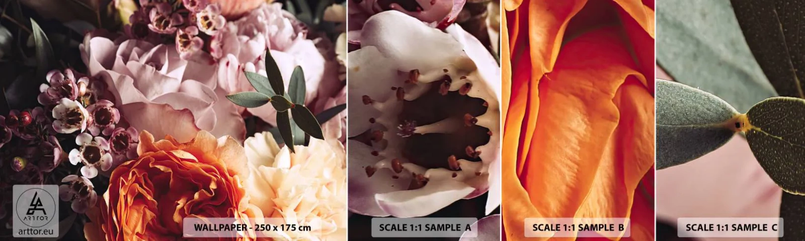 Mostră de Tapet Standard Eco - Înghesuite în frumusețe - Flori, Buchet de flori, Trandafir - 100x30 cm