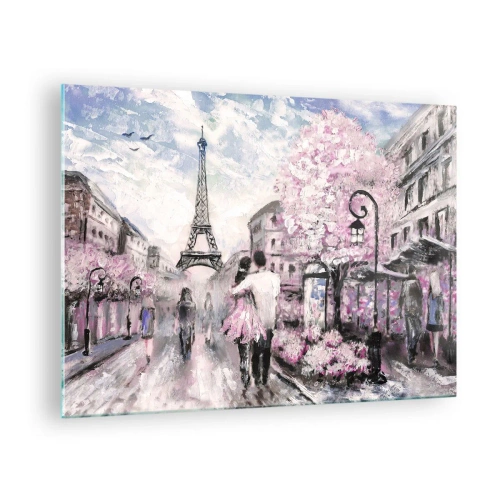 Tablou pe sticlă - Cuplu romantic la Paris cu Turnul Eiffel în fundal - 70x50cm - Dacă ar fi să te îndrăgostești, atunci doar de... - Decorațiune modernă pentru perete pentru living și dormitor ARTTOR