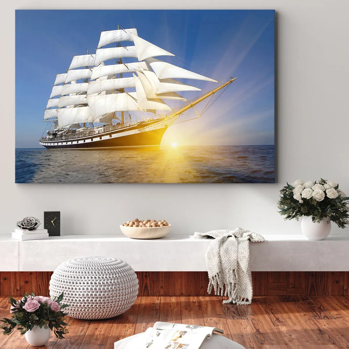 Tablou pe pânză Canvas - O corabie cu pânze pe mare în lumina soarelui care apune - 70x50cm - Timpul lor nu trece niciodată - Decorațiune modernă pentru perete pentru living și dormitor ARTTOR
