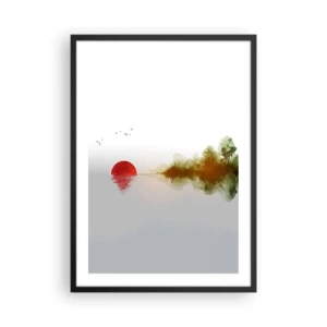 Poster în ramă neagră - Un peisaj minimalist cu un soare roșu și un lac. - 50x70cm - Promisiune de liniște - Decorațiune modernă pentru perete pentru living și dormitor ARTTOR