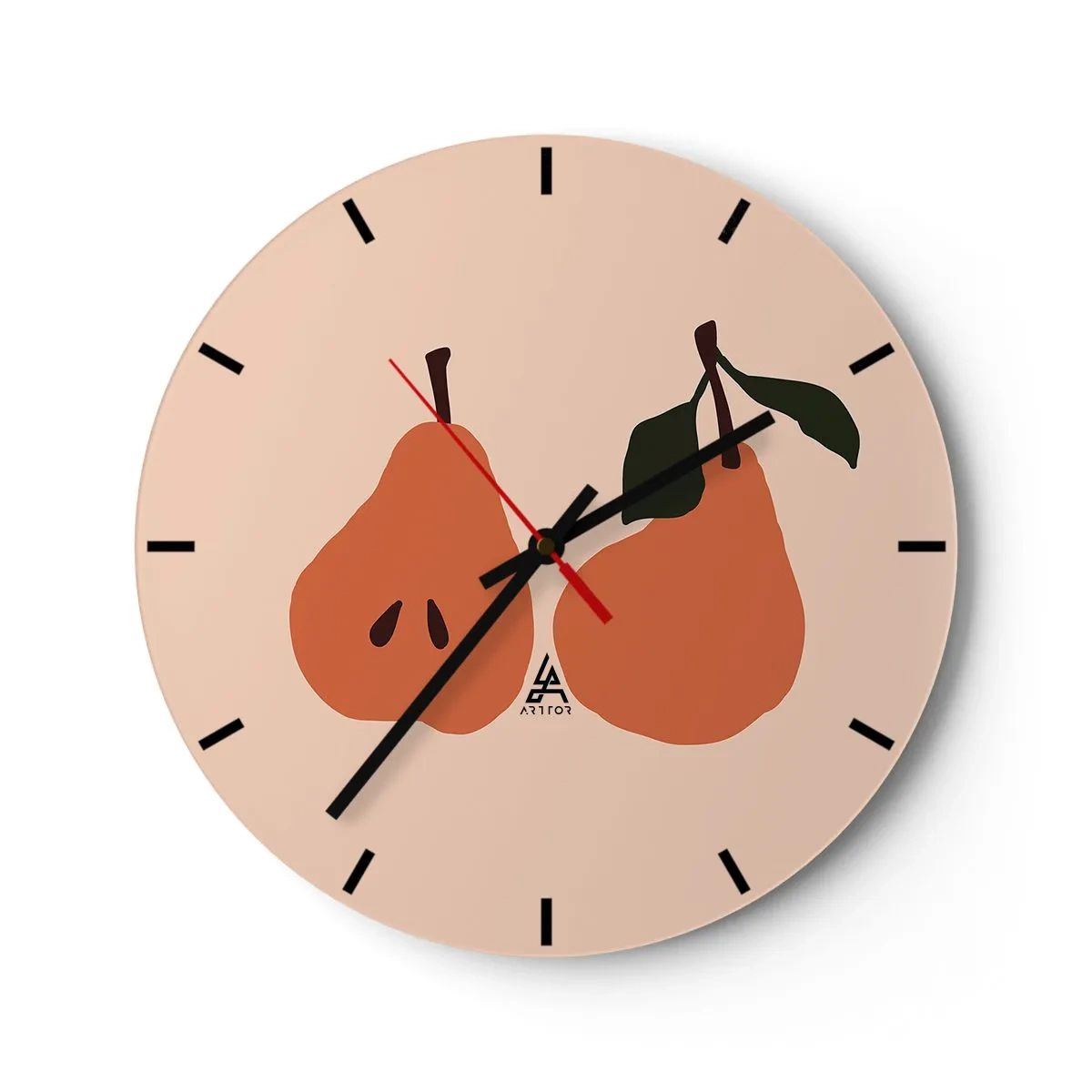 Ceas de perete - Ceas pe sticlă - Două pere în culori calde pe un fundal bej - 30x30cm - Dulceața în sine - Decorațiune modernă pentru perete pentru living, bucătărie și dormitor ARTTOR