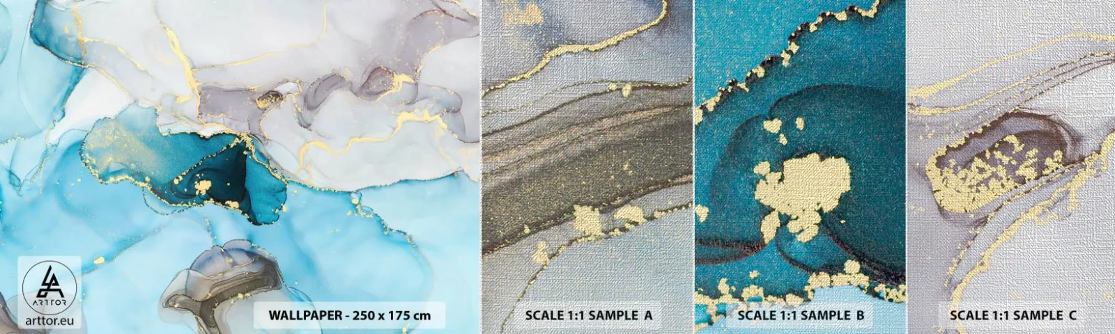 Mostră tapet Premium Canvas - Un studiu al întâlnirii dintre gri și turcoaz - Abstracția, Bucată, Model modern - 100x30 cm