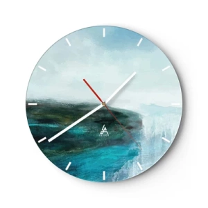 Ceas de perete - Ceas pe sticlă - Un peisaj marin cu o stâncă în tonuri de turcoaz și albastru - 30x30cm - Abstracție maritimă - Decorațiune modernă pentru perete pentru living, bucătărie și dormitor ARTTOR