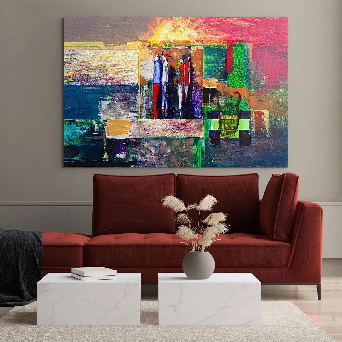 Tablou pe sticlă - O compoziție abstractă cu figuri și culori intense. - 70x50cm - Relații și emoții - Decorațiune modernă pentru perete pentru living și dormitor ARTTOR