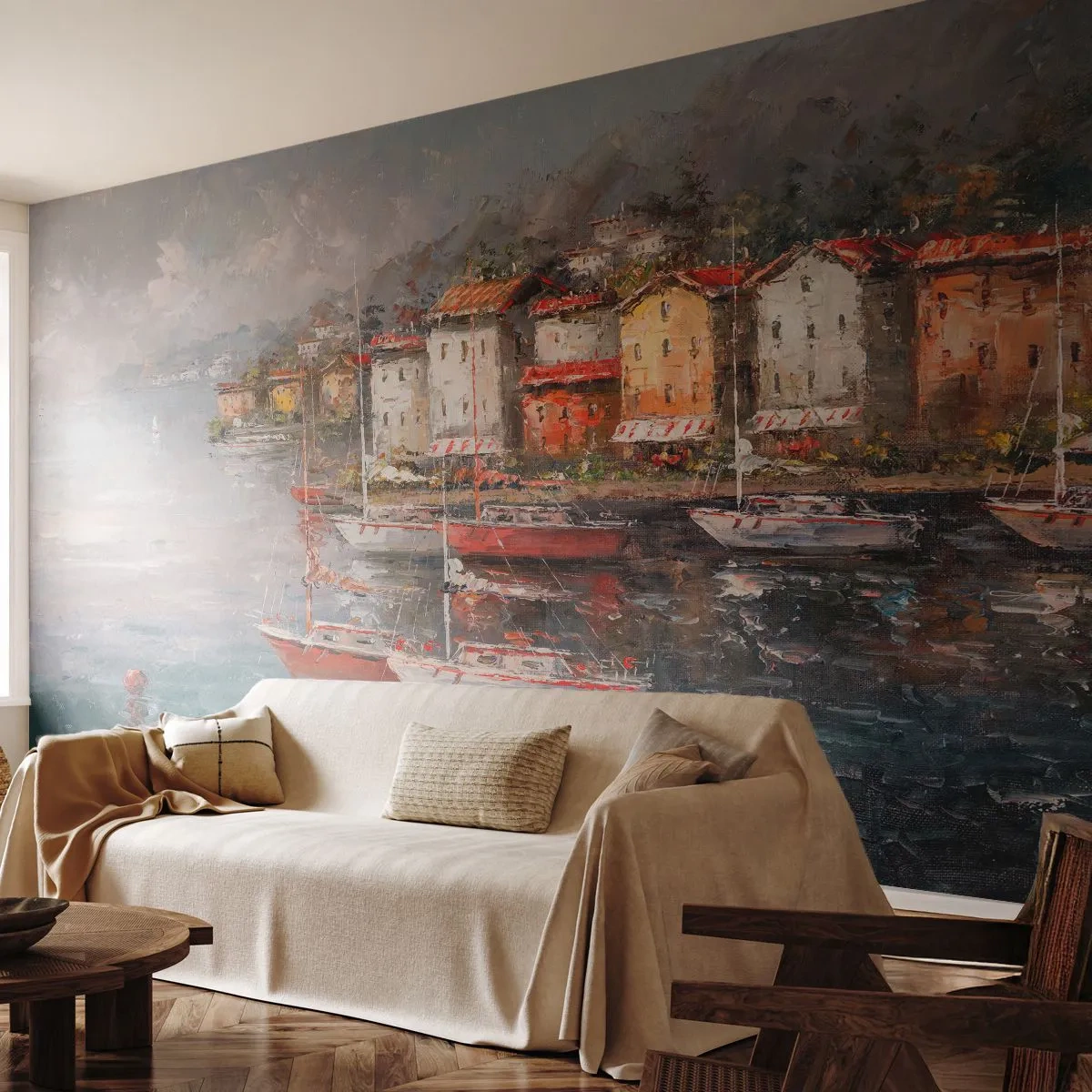 Tapet Premium Sand - Portul romantic - Arhitectură, Oras port, Barcă cu pânze - 100x70 cm