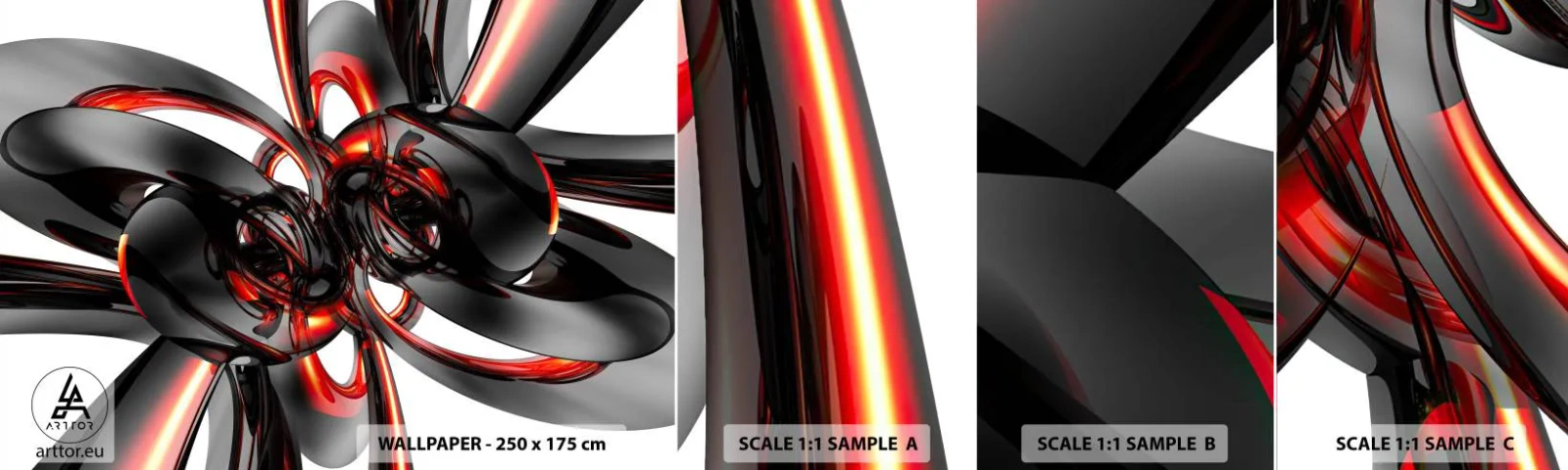 Mostră tapet autocolant Deluxe Sticker - Mișcare în grafit și roșu - Abstracția, 3D, Bucată - 100x30 cm