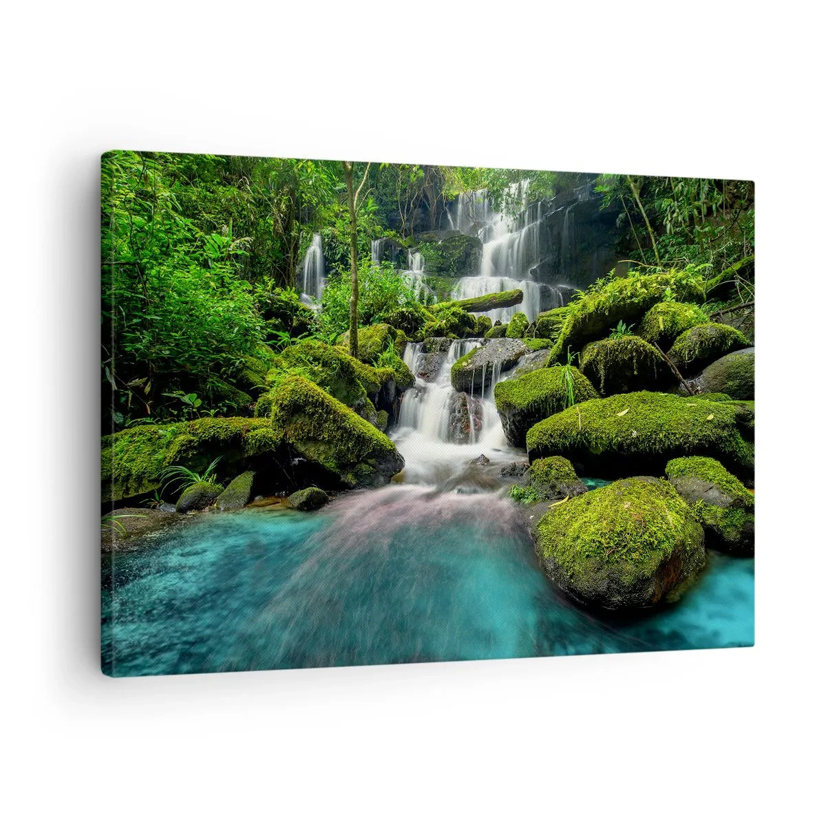 Tablou pe pânză Canvas - O cascadă tropicală înconjurată de verdeață și apă turcoaz - 70x50cm - Turcoaz, safir și argint lichid - Decorațiune modernă pentru perete pentru living și dormitor ARTTOR