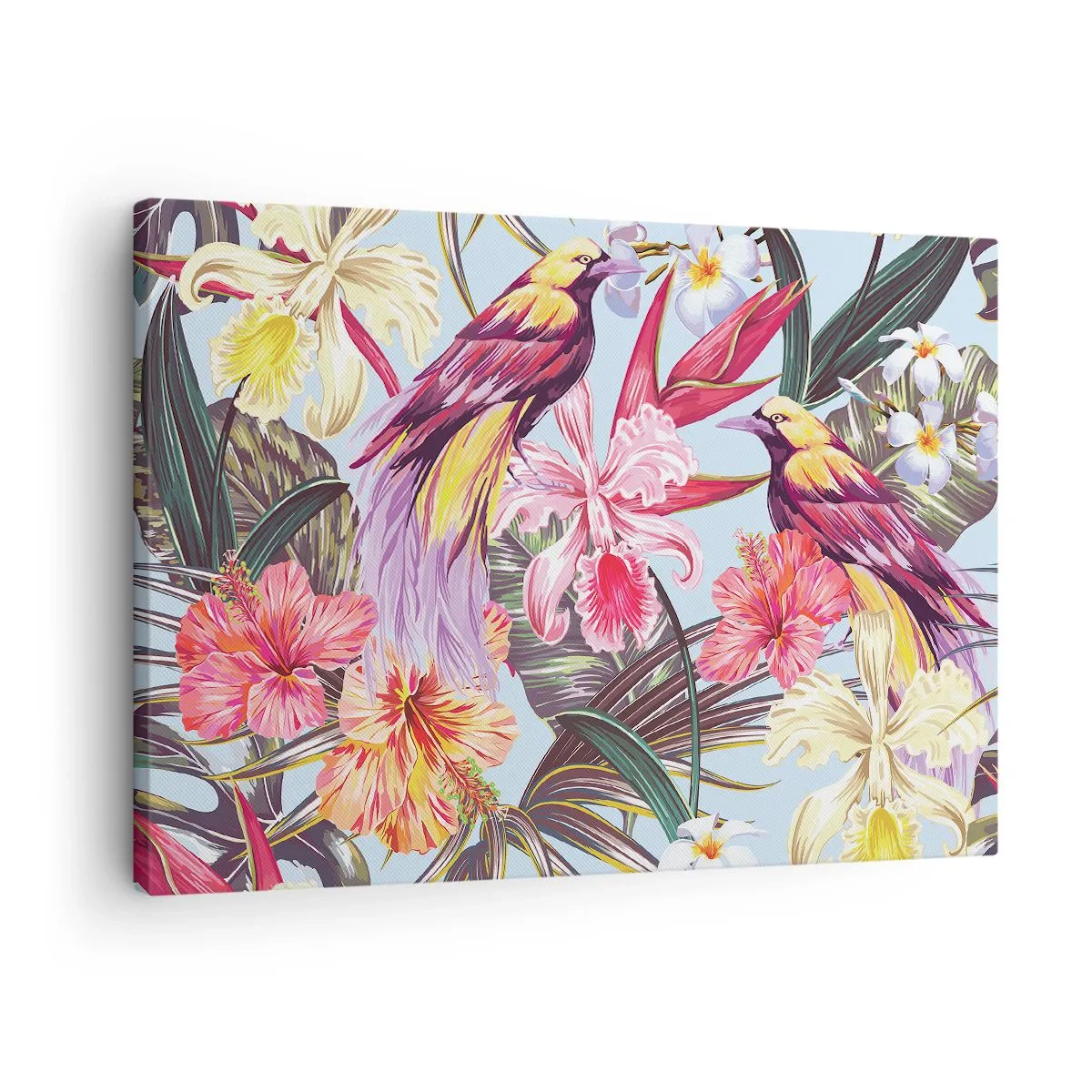 Tablou pe pânză Canvas - Păsări exotice printre flori tropicale - 70x50cm - Petale și pene - Decorațiune modernă pentru perete pentru living și dormitor ARTTOR