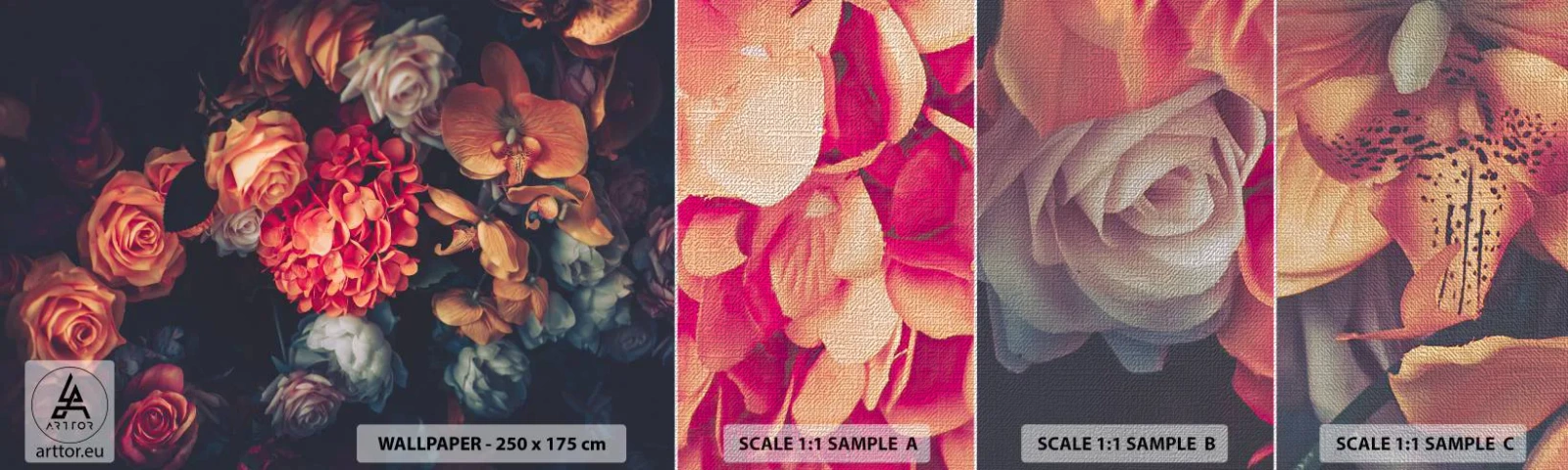 Mostră tapet Premium Canvas - Ca la maeștri olandezi - Buchet de flori, Flori, Trandafiri - 100x30 cm
