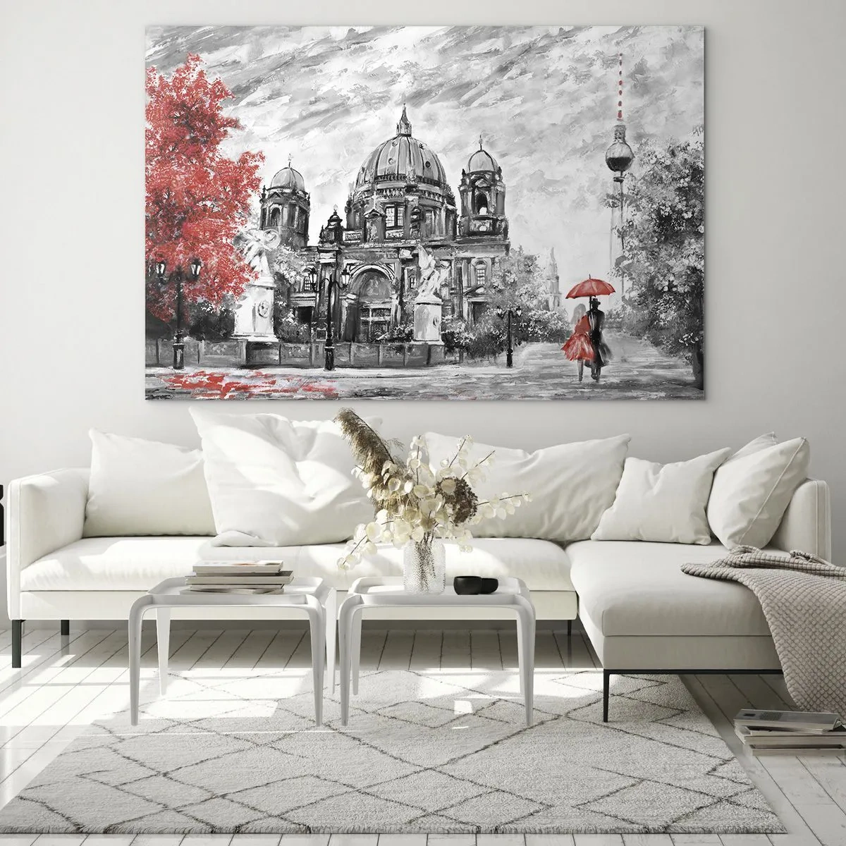 Tablou pe sticlă - Catedrala din Berlin cu accent roșu în tonuri monocromatice - 70x50cm - Reuniune în Berlin - Decorațiune modernă pentru perete pentru living și dormitor ARTTOR