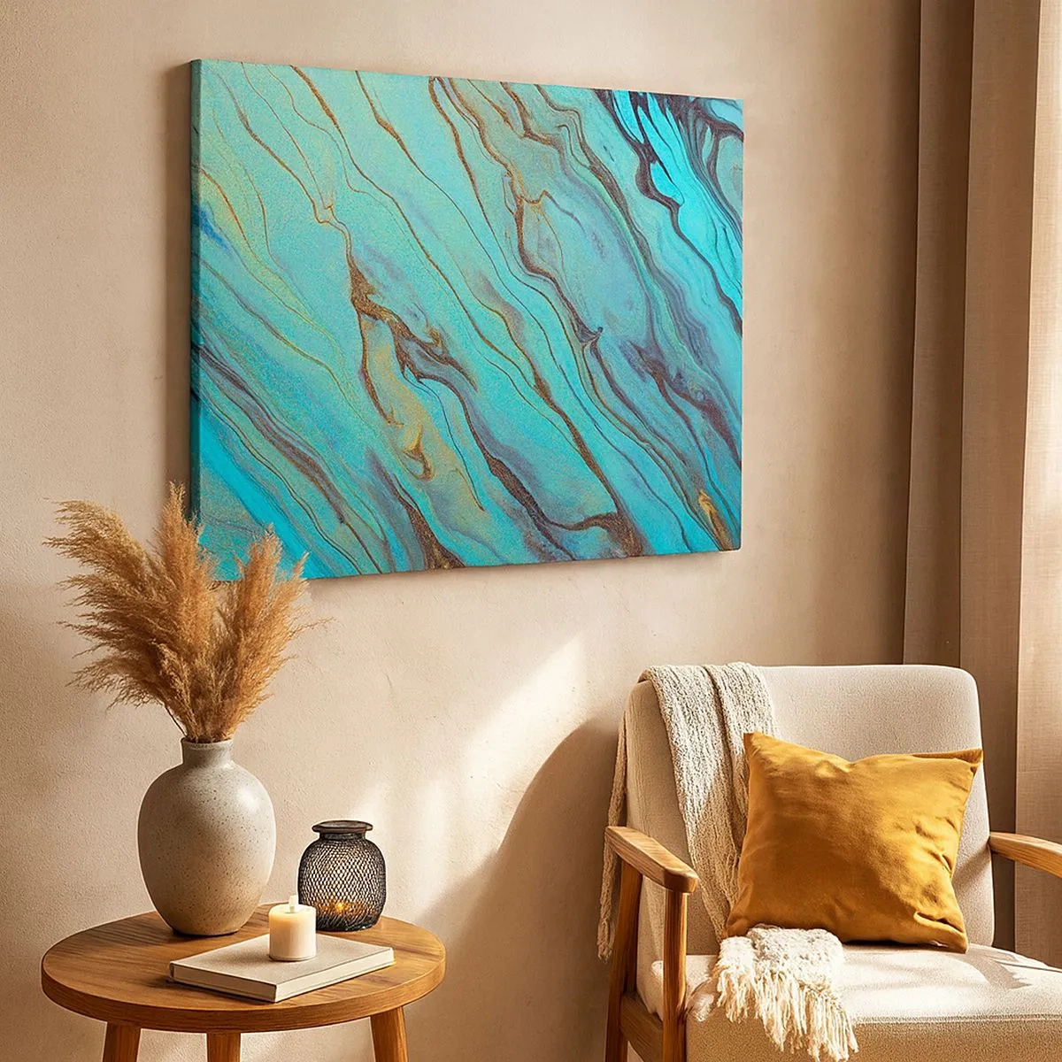 Tablou pe pânză Canvas - Valuri abstracte în nuanțe de turcoaz și auriu - 70x50cm - Mareea turcoaz - Decorațiune modernă pentru perete pentru living și dormitor ARTTOR