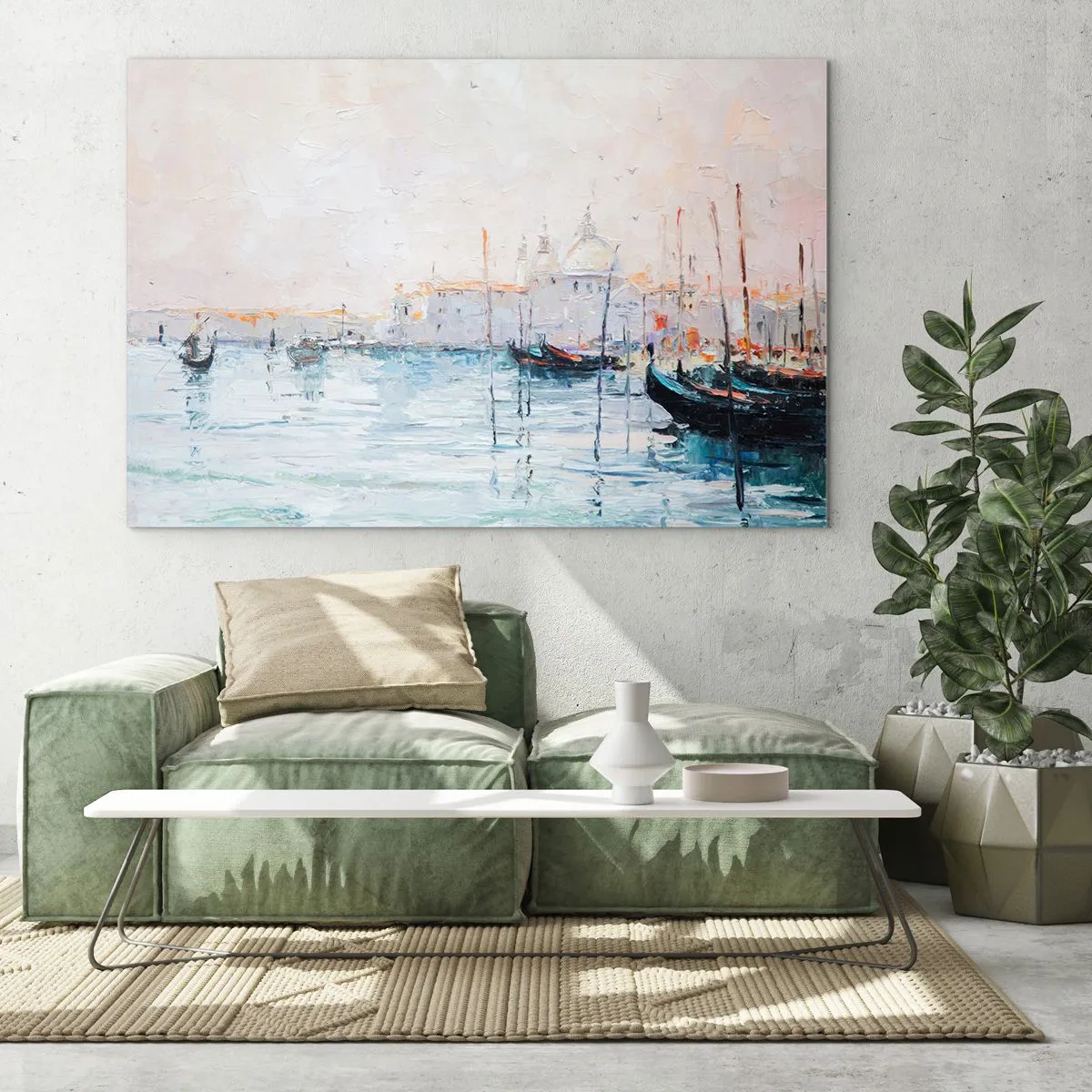 Tablou pe sticlă - Peisaj impresionist cu bărci și clădiri - 70x50cm - În spatele apei, în spatele ceții - Decorațiune modernă pentru perete pentru living și dormitor ARTTOR