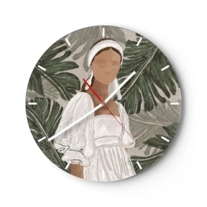 Ceas de perete - Ceas pe sticlă - Portret stilizat al unei femei pe un fundal de frunze tropicale. - 30x30cm - Portret exotic - Decorațiune modernă pentru perete pentru living, bucătărie și dormitor ARTTOR
