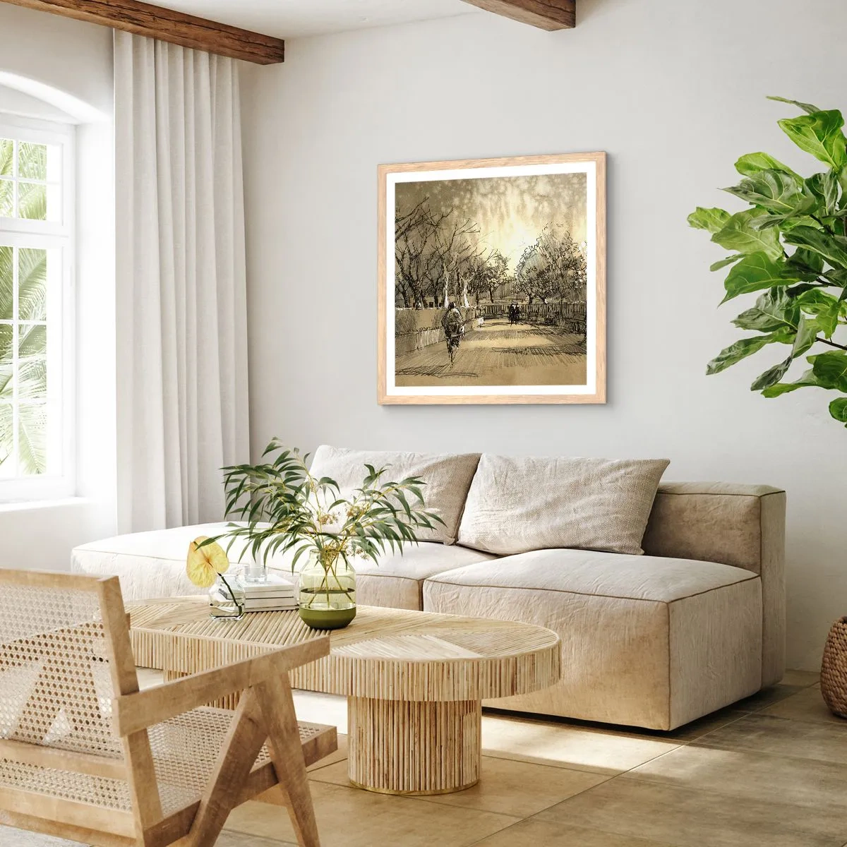 Poster în ramă de stejar deschis - Un moment reținut cu pene - 50x50 cm