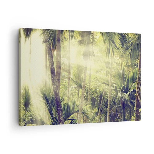 Tablou pe pânză Canvas - Razele soarelui într-o pădure tropicală de palmieri - 70x50cm - Ardoare verde - Decorațiune modernă pentru perete pentru living și dormitor ARTTOR