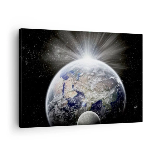 Tablou pe pânză Canvas - Pământul și Luna iluminate de strălucirea spațiului - 70x50cm - În plină strălucire - Decorațiune modernă pentru perete pentru living și dormitor ARTTOR