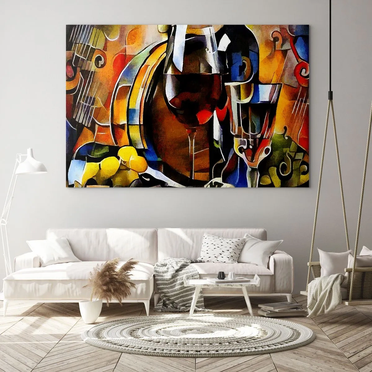 Tablou pe sticlă - Compoziție abstractă cu pahare de vin și instrumente - 70x50cm - Și lumea devine mai colorată - Decorațiune modernă pentru perete pentru living și dormitor ARTTOR