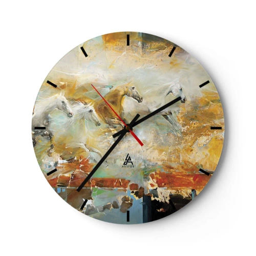 Ceas de perete - Ceas pe sticlă - Cai abstracte în mișcare dinamică - 30x30cm - Galopând prin lumină - Decorațiune modernă pentru perete pentru living, bucătărie și dormitor ARTTOR