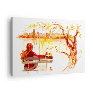 Tablou pe pânză Canvas - Scenă în acuarelă cu o femeie pe o bancă cu vedere la oraș - 70x50cm - Un moment de reflecție - Decorațiune modernă pentru perete pentru living și dormitor ARTTOR