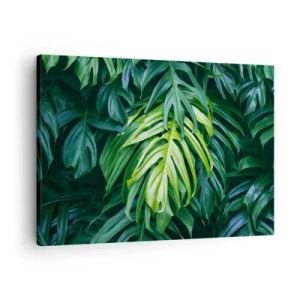 Tablou pe pânză Canvas - Frunze verzi într-un aranjament tropical dens - 70x50cm - Scufundă-te în prospețime - Decorațiune modernă pentru perete pentru living și dormitor ARTTOR