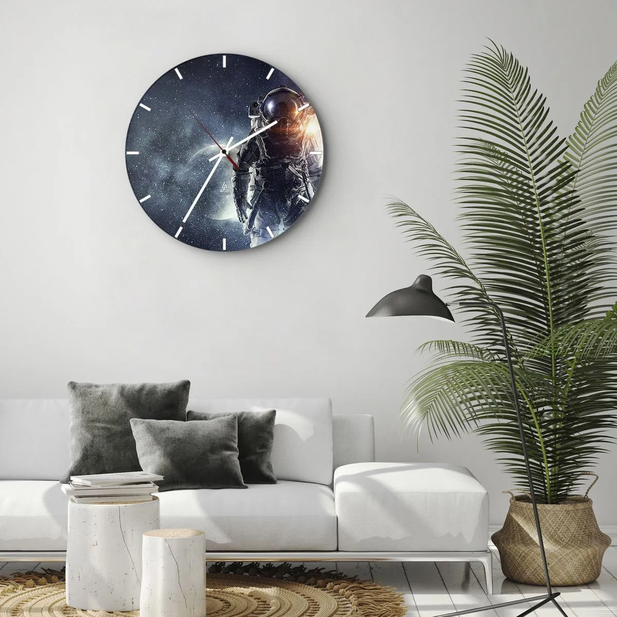 Ceas de perete - Ceas pe sticlă - Astronautul în spațiu cu o planetă și stele în fundal - 30x30cm - Aventură spațială - Decorațiune modernă pentru perete pentru living, bucătărie și dormitor ARTTOR
