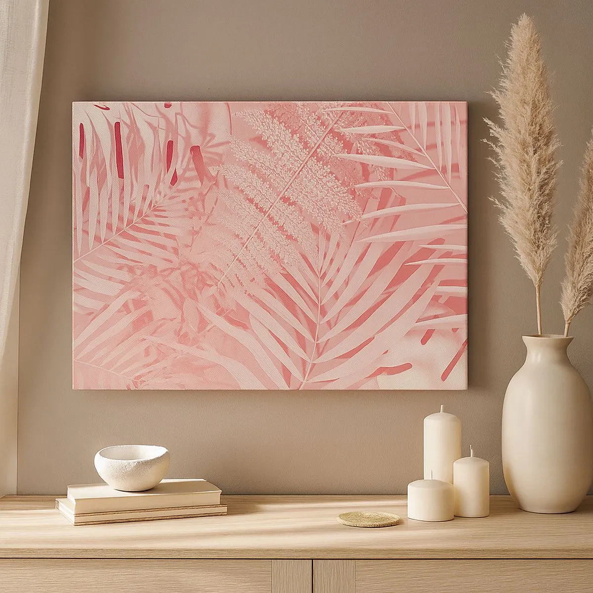 Tablou pe pânză Canvas - Frunze tropicale roz într-un stil delicat și minimalist - 70x50cm - Conceptul roz - Decorațiune modernă pentru perete pentru living și dormitor ARTTOR