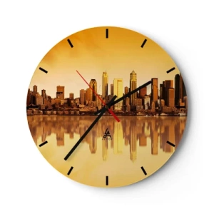 Ceas de perete - Ceas pe sticlă - Panorama orașului reflectată în apă la apus - 30x30cm - Liniștea metropolei - Decorațiune modernă pentru perete pentru living, bucătărie și dormitor ARTTOR