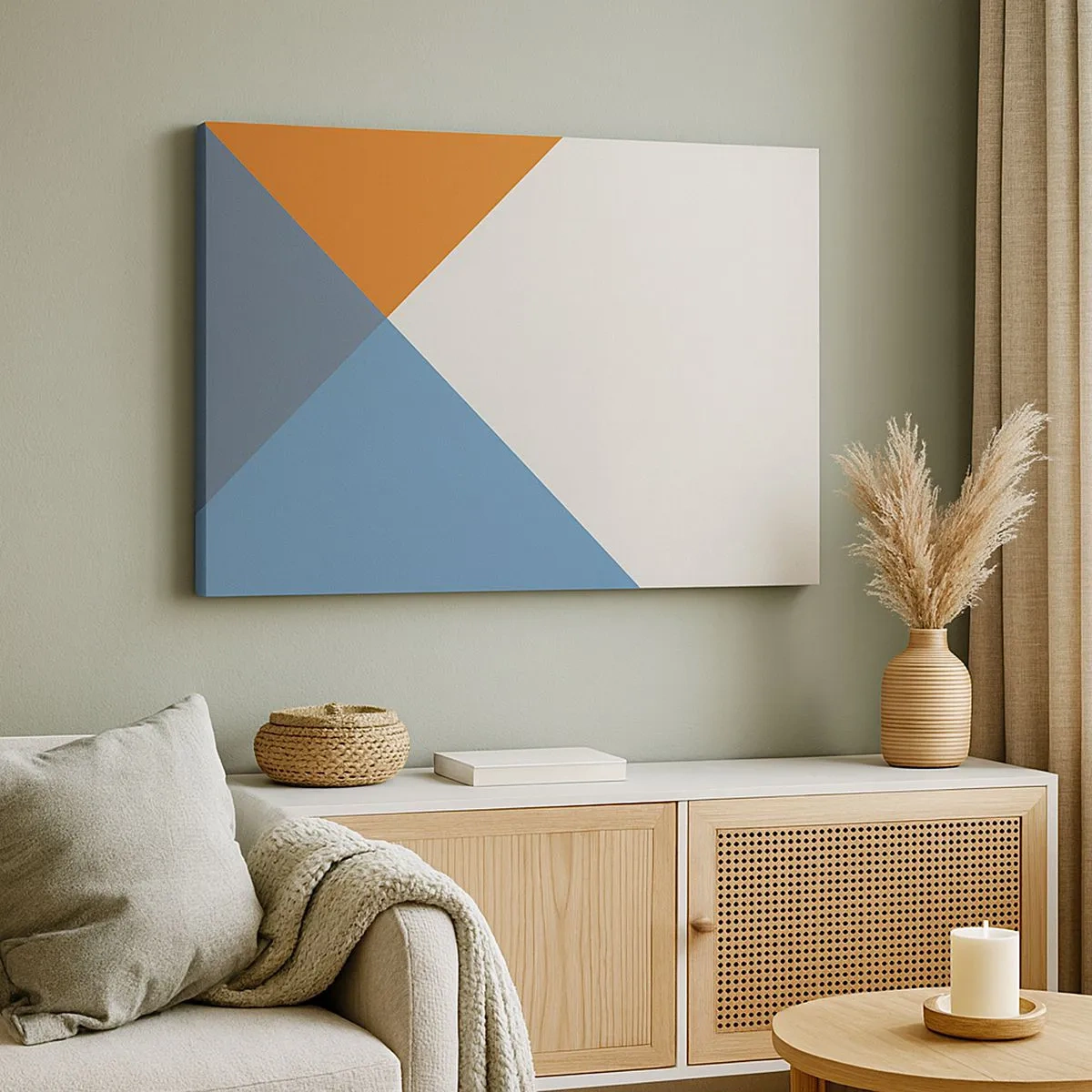 Tablou pe pânză Canvas - Triunghiuri geometrice în nuanțe de albastru și portocaliu - 70x50cm - La un unghi drept - Decorațiune modernă pentru perete pentru living și dormitor ARTTOR