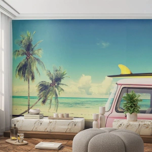 Tapet Standard Eco - Dubă roz cu placă de surf lângă ocean - 100x70cm - Să înceapă vacanța - Decorațiune modernă pentru perete pentru living și dormitor ARTTOR