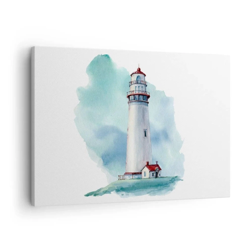 Tablou pe pânză Canvas - Un far pe un fundal albastru acuarelă - 70x50cm - Sora blândă a albastrului - Decorațiune modernă pentru perete pentru living și dormitor ARTTOR