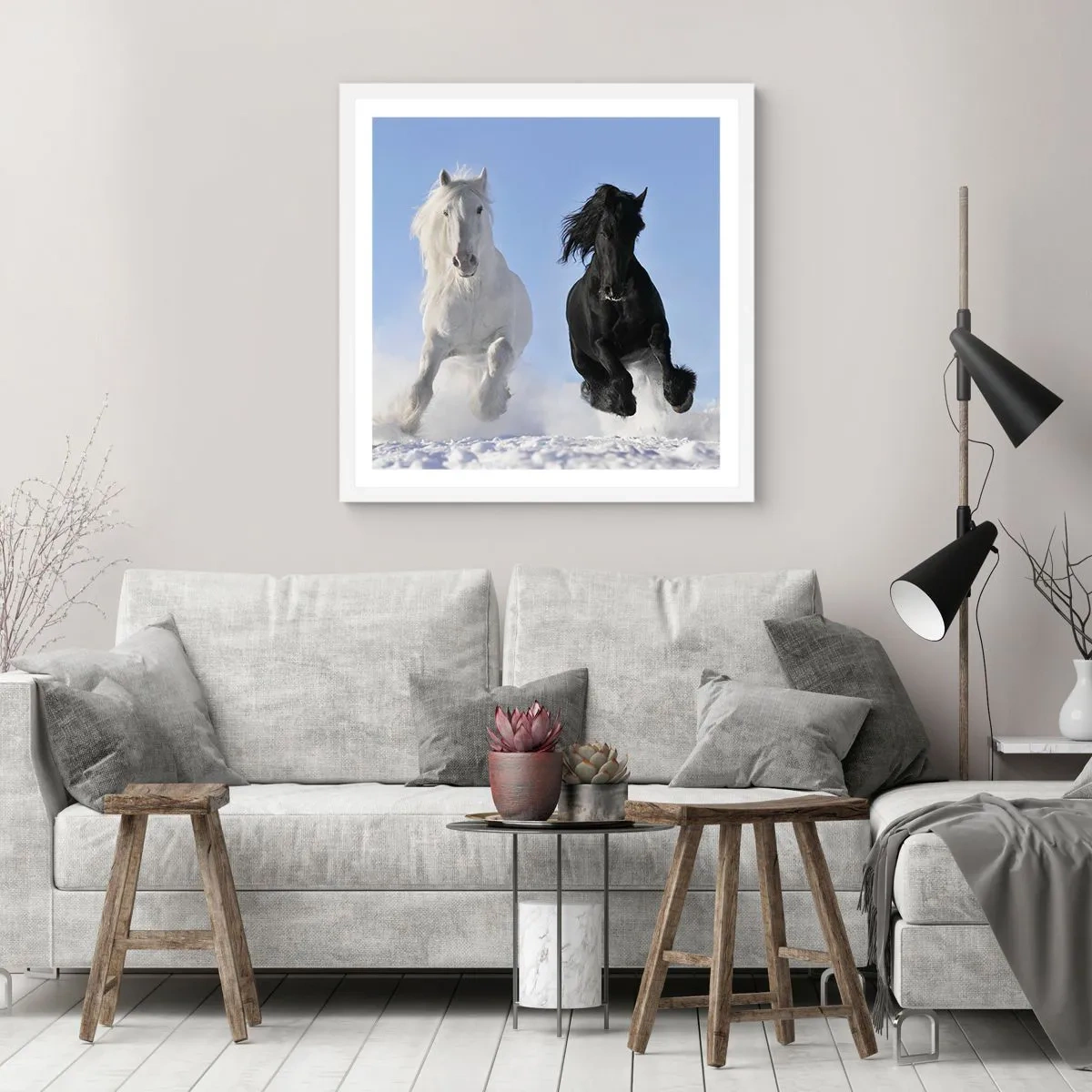 Poster în ramă albă - Galop de alb și negru - 30x30 cm