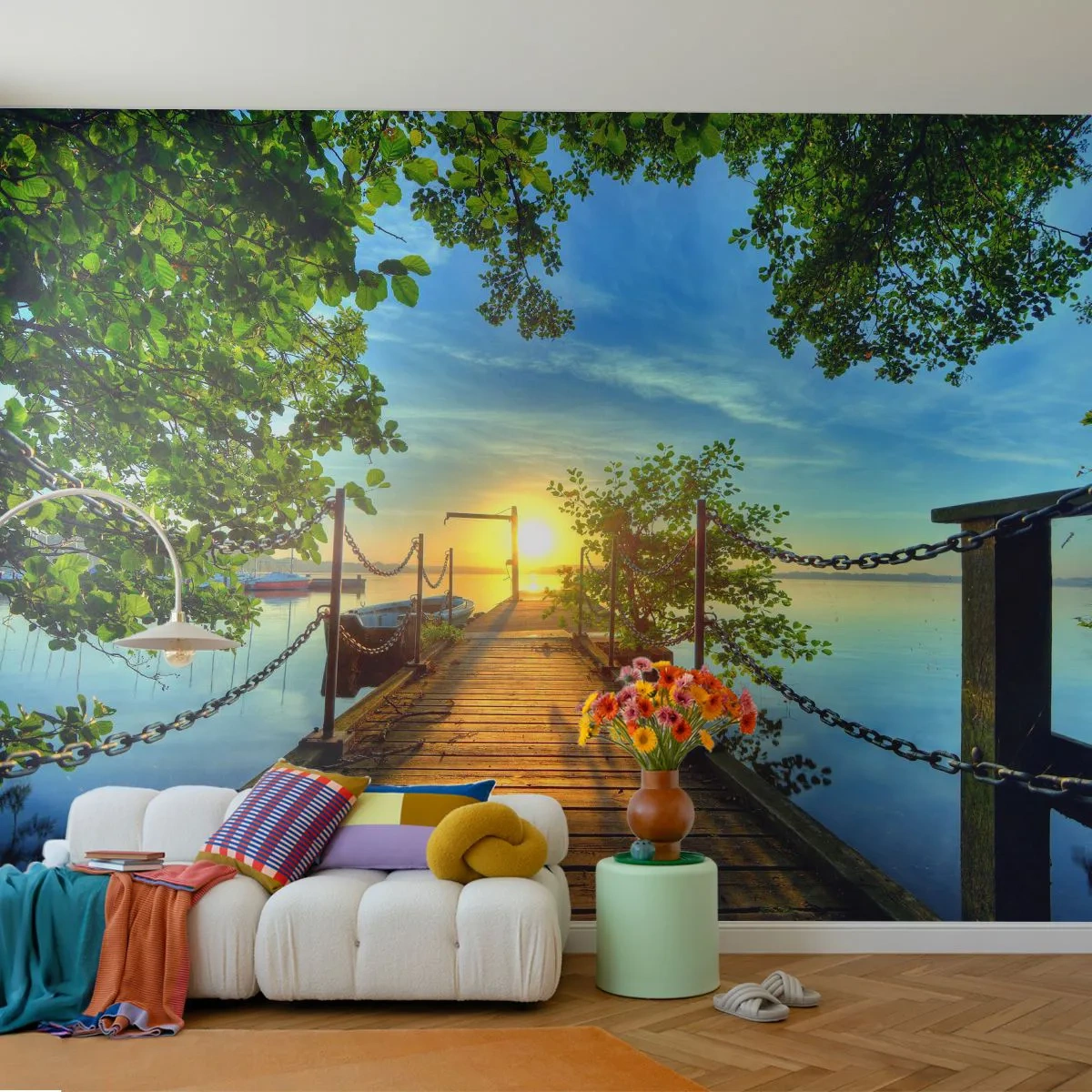 Tapet Premium Canvas - Apusul la malul apei - Peisaj, Lac, Barcă cu pânze - 250x175 cm