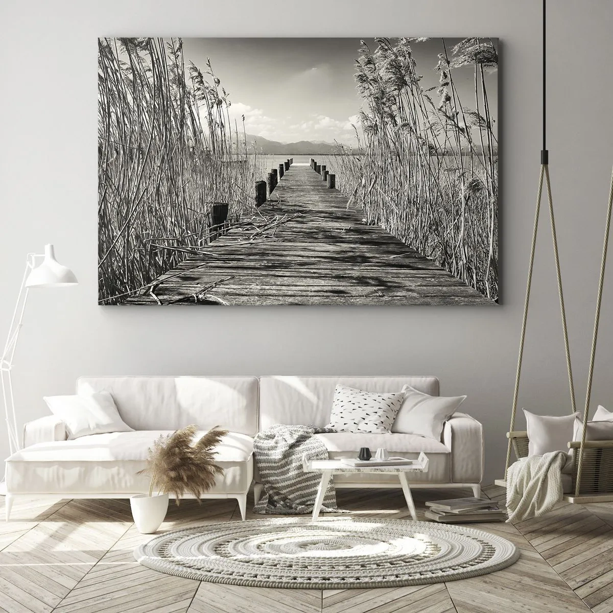 Tablou pe pânză Canvas - Un debarcader din lemn printre ierburi înalte deasupra unui lac în tonuri sepia - 70x50cm - În intimitatea ierburilor - Decorațiune modernă pentru perete pentru living și dormitor ARTTOR