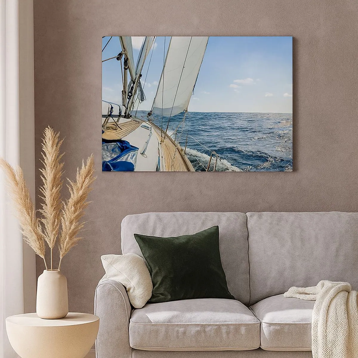 Tablou pe pânză Canvas - O barcă cu pânze pe o mare calmă sub un cer albastru - 70x50cm - Ahoy aventura - Decorațiune modernă pentru perete pentru living și dormitor ARTTOR