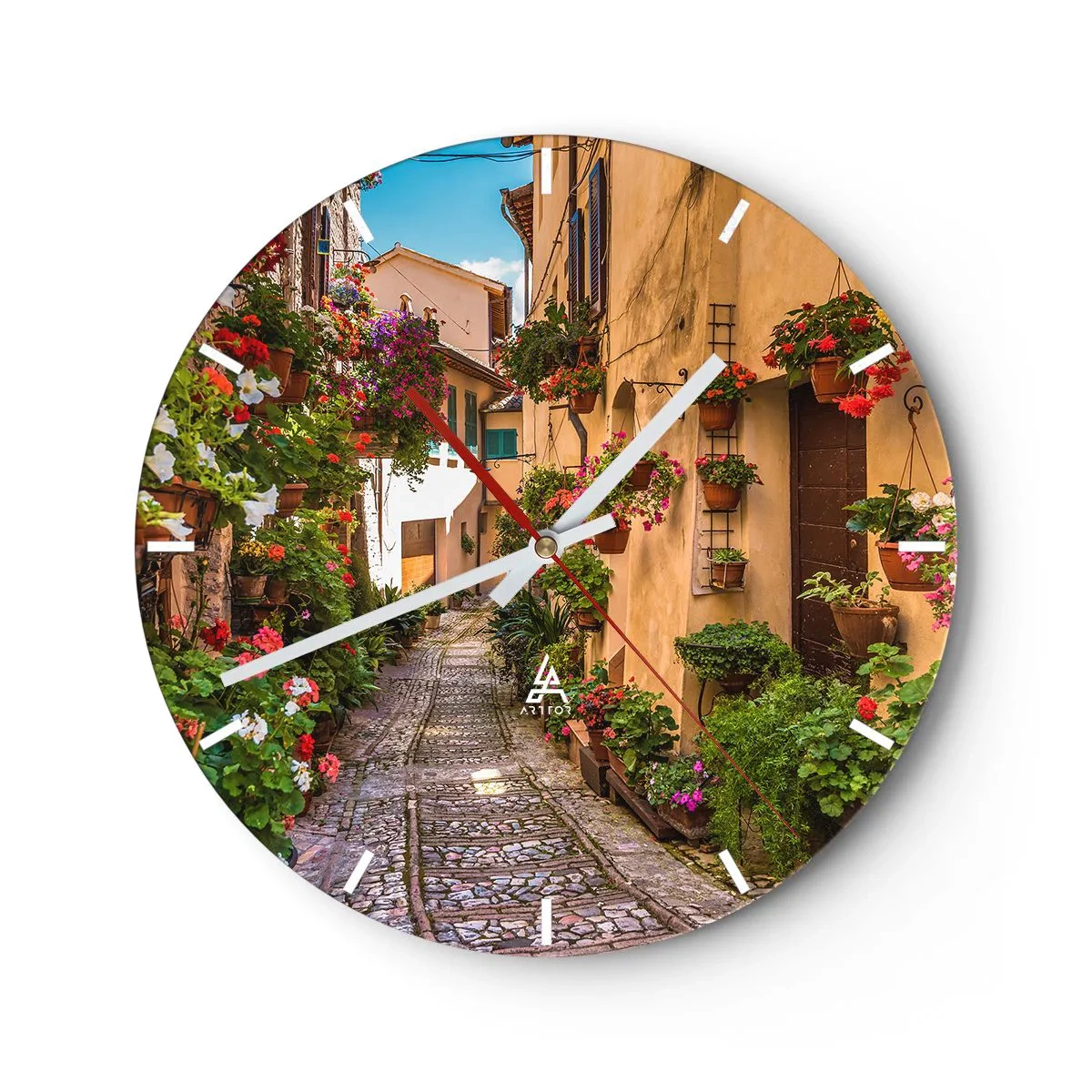 Ceas de perete - Ceas pe sticlă - O alee pitorească cu pavaj de piatră și flori - 30x30cm - Străduță italiană - Decorațiune modernă pentru perete pentru living, bucătărie și dormitor ARTTOR