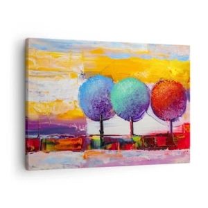 Tablou pe pânză Canvas - Trei copaci colorați pe un fundal abstract - 70x50cm - Trei copaci - Decorațiune modernă pentru perete pentru living și dormitor ARTTOR