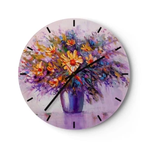 Ceas de perete - Ceas pe sticlă - Un buchet de flori în violet cu culori intense - 30x30cm - Miroase dulce, arată dulce - Decorațiune modernă pentru perete pentru living, bucătărie și dormitor ARTTOR