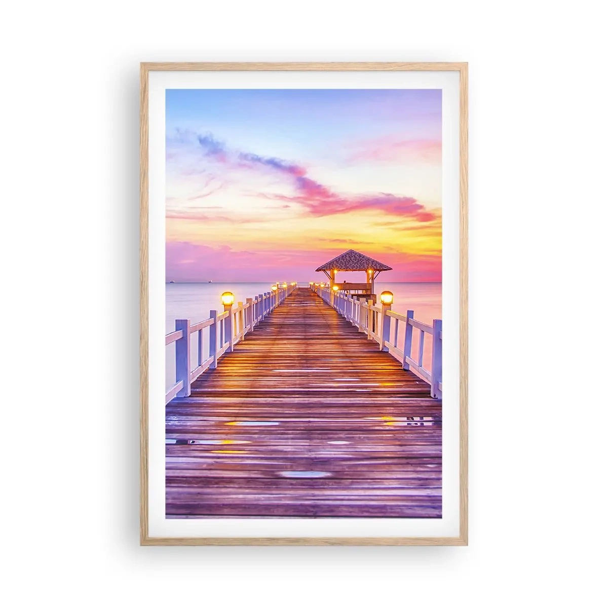 Poster în ramă de stejar deschis - Tăcerea serii în liliac-auriu - 61x91 cm