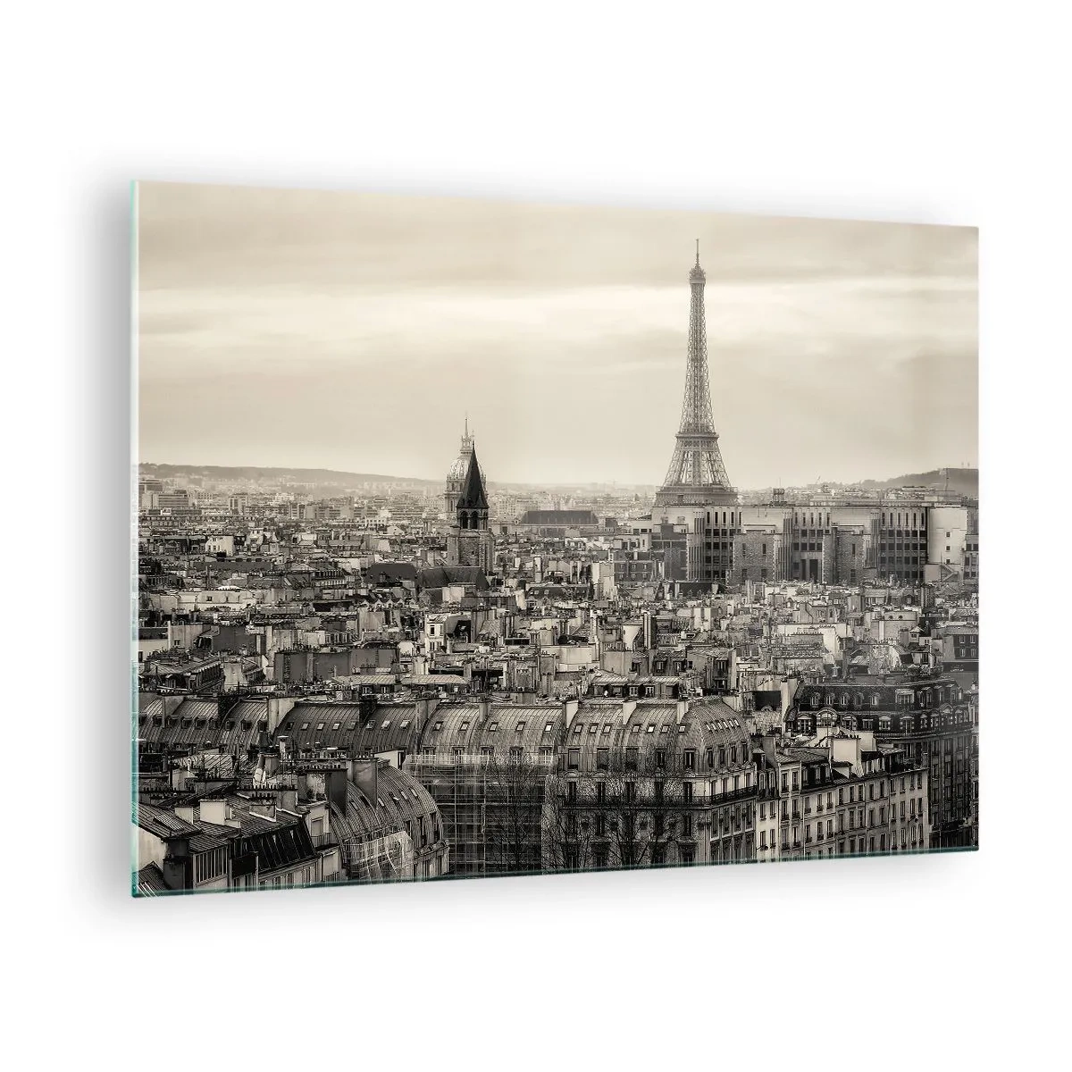 Tablou pe sticlă - O panoramă a Parisului cu vedere la Turnul Eiffel în tonuri sepia - 70x50cm - Deasupra acoperișurilor Parisului - Decorațiune modernă pentru perete pentru living și dormitor ARTTOR