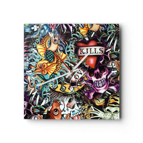 Ceas de perete - Ceas pe sticlă - Visul unui artist tatuator - 40x40 cm