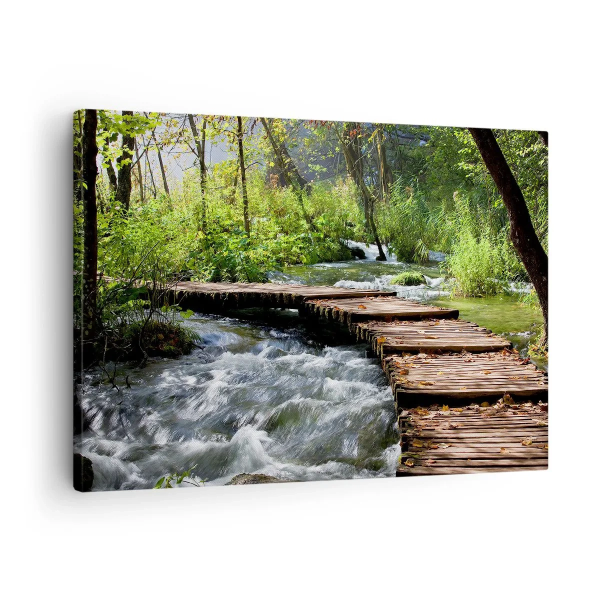 Tablou pe pânză Canvas - Un pod de lemn peste un pârâu repetat, înconjurat de verdeața pădurii. - 70x50cm - Cascadă spumoasă - Decorațiune modernă pentru perete pentru living și dormitor ARTTOR