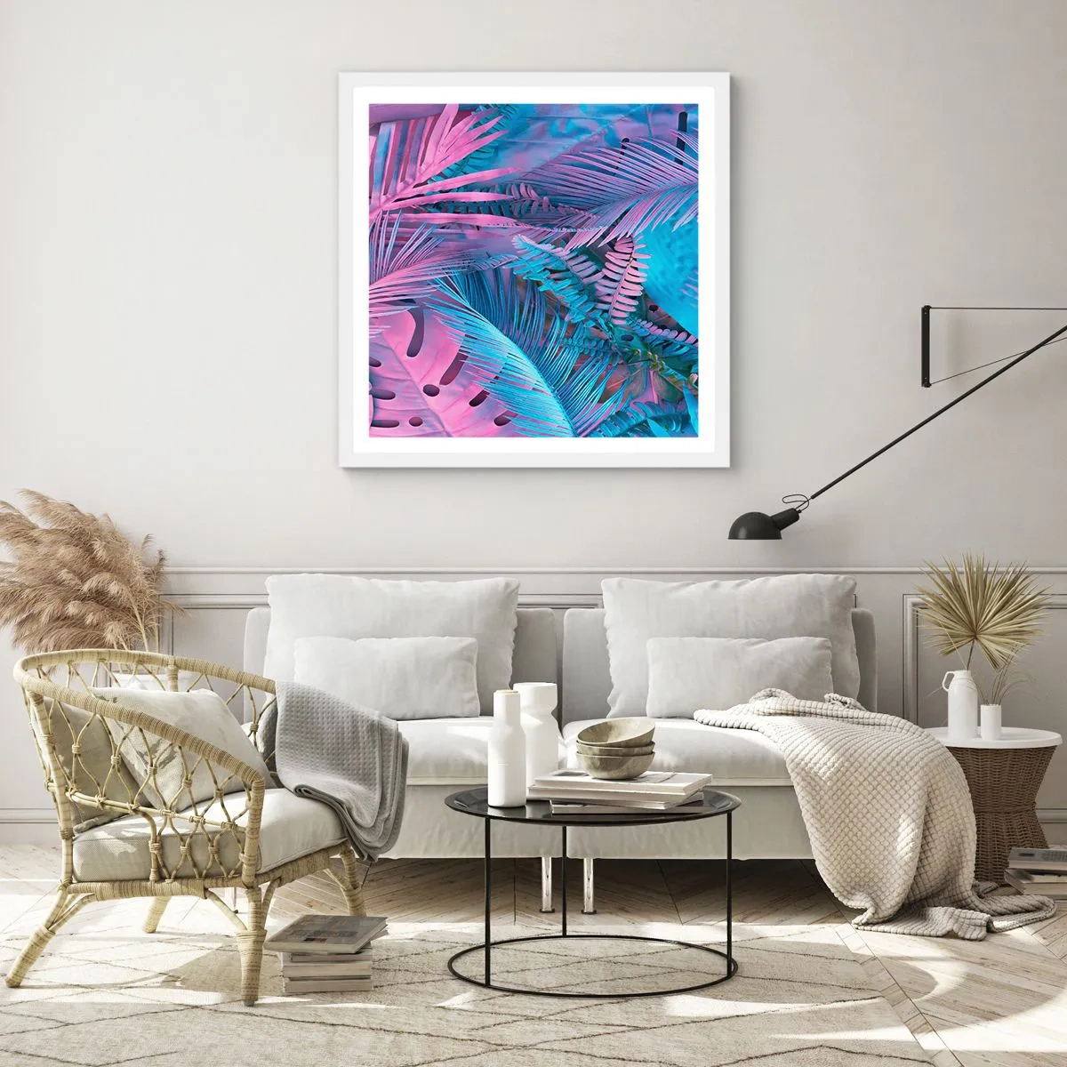 Poster în ramă albă - Palmieri în alb și albastru - 60x60 cm
